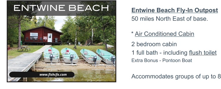 www.fishcfo.com ENTWINE BEACH Entwine Beach Fly-In Outpost50 miles North East of base.   2 bedroom cabin1 full bath - including flush toiletExtra Bonus - Pontoon Boat Accommodates groups of up to 8 * Air Conditioned Cabin WALLEYE - PIKE - LAKE TROUT - SMALLMOUTH BASS